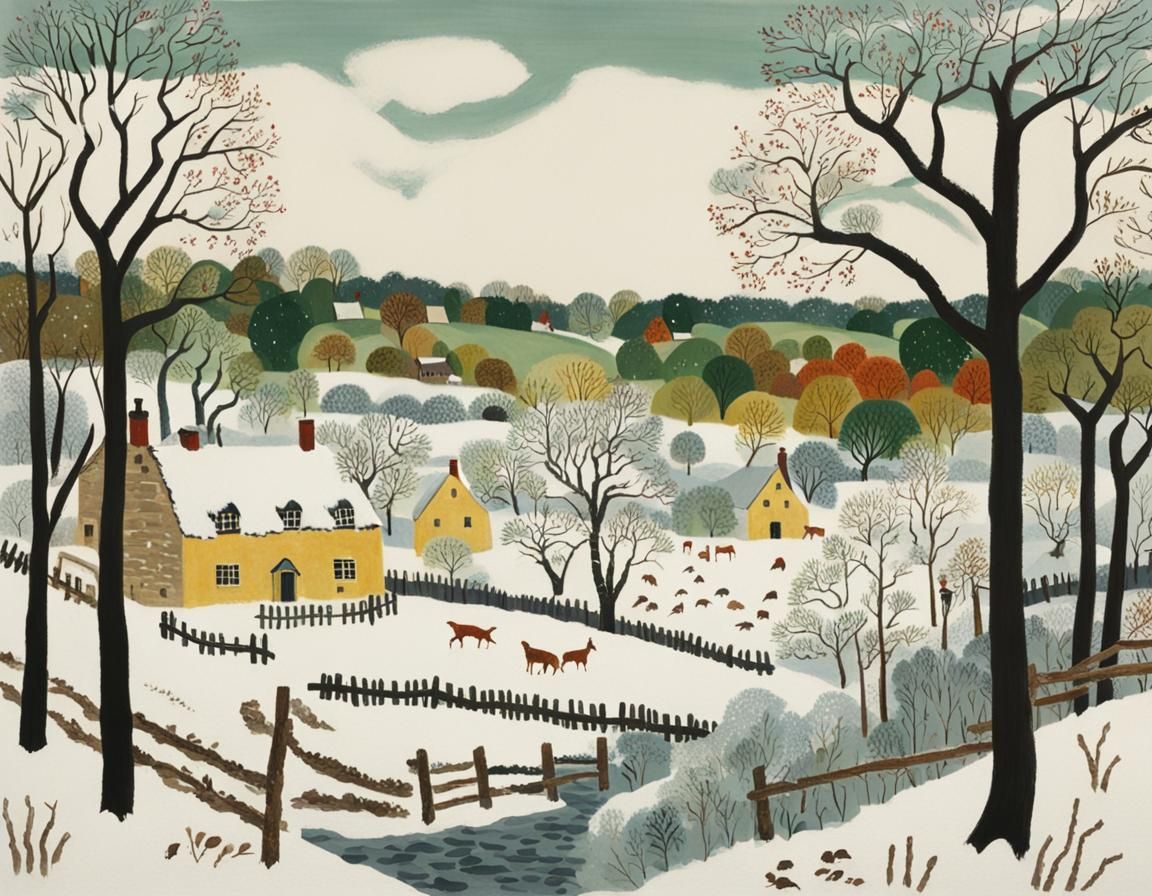 Winter Cotswold Woodland in Naïve Art Style