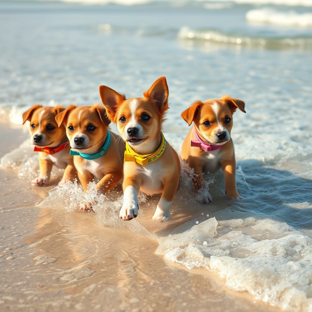 Puppies Playing on a Sunny Beach