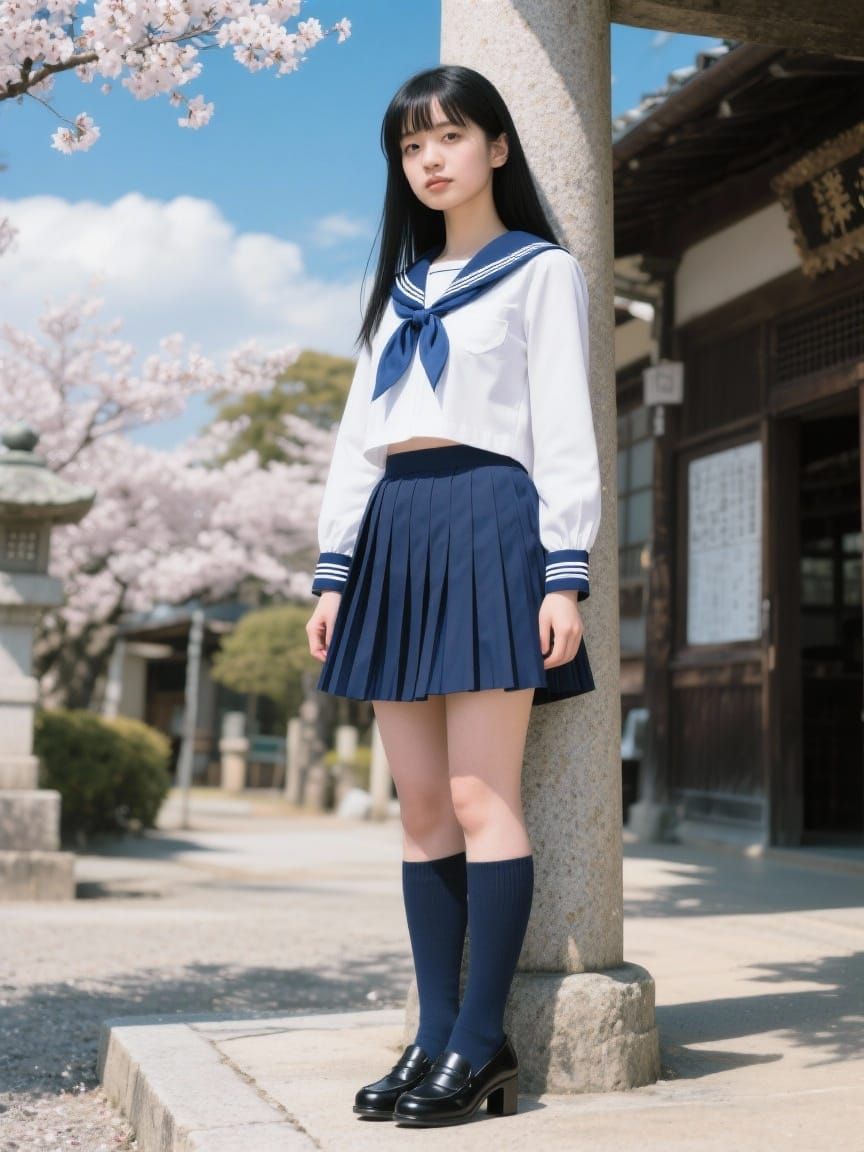 Kaori in Sailor Uniform at Shrine with Cherry Blossoms