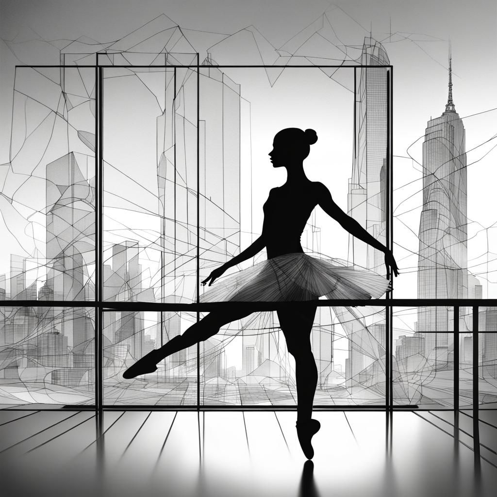 Line Art: Ballerina and Cityscape Double Exposure