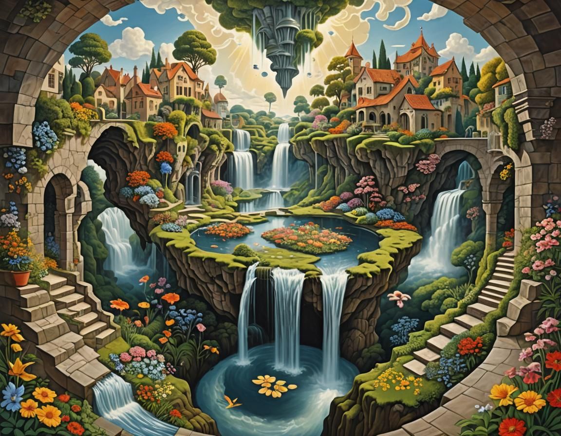 Surreal Anti-Gravity World in Escher Style