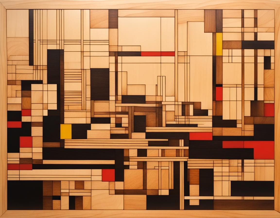Minimalist Pyrography Landscape in Mondrian Style