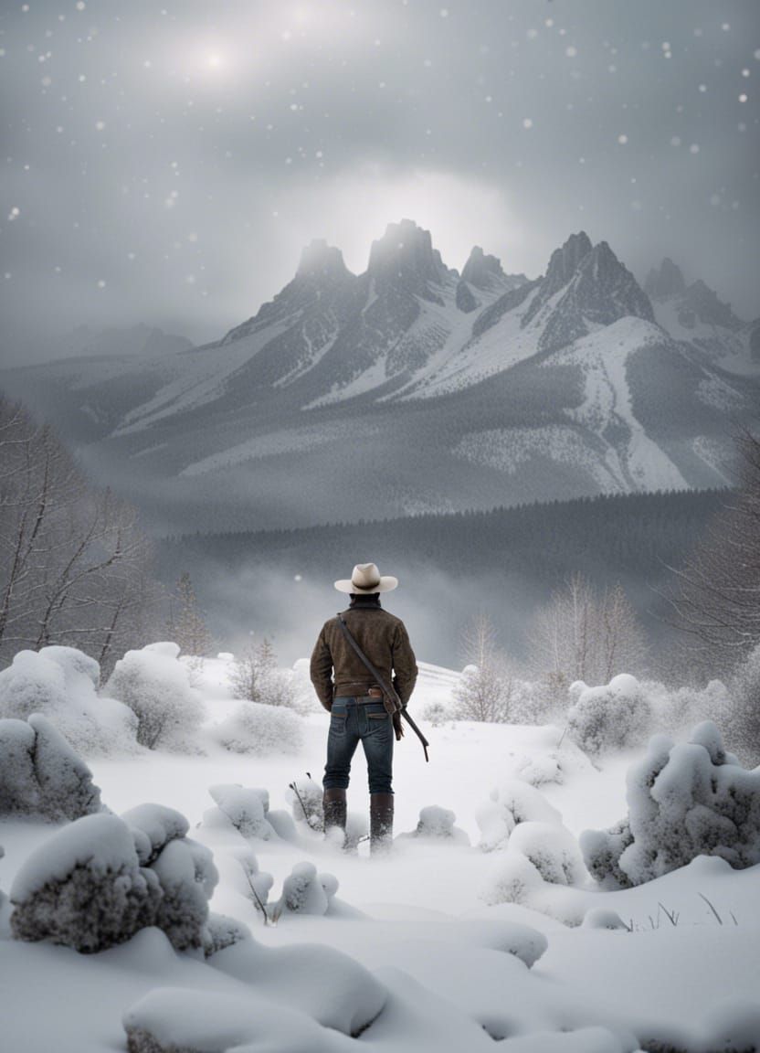 Wyoming Cowboy Watches Winter Blizzard