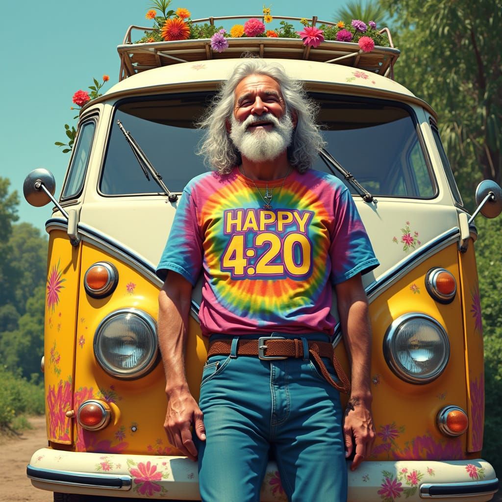 Peaceful Hippie Man in Front of VW Van