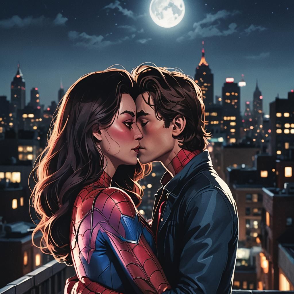 Spider-Man and Spider-Woman's Rooftop Kiss in Comic Art