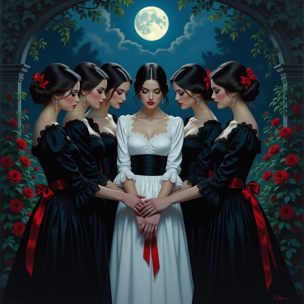 Women United in Moonlit Gothic Garden
