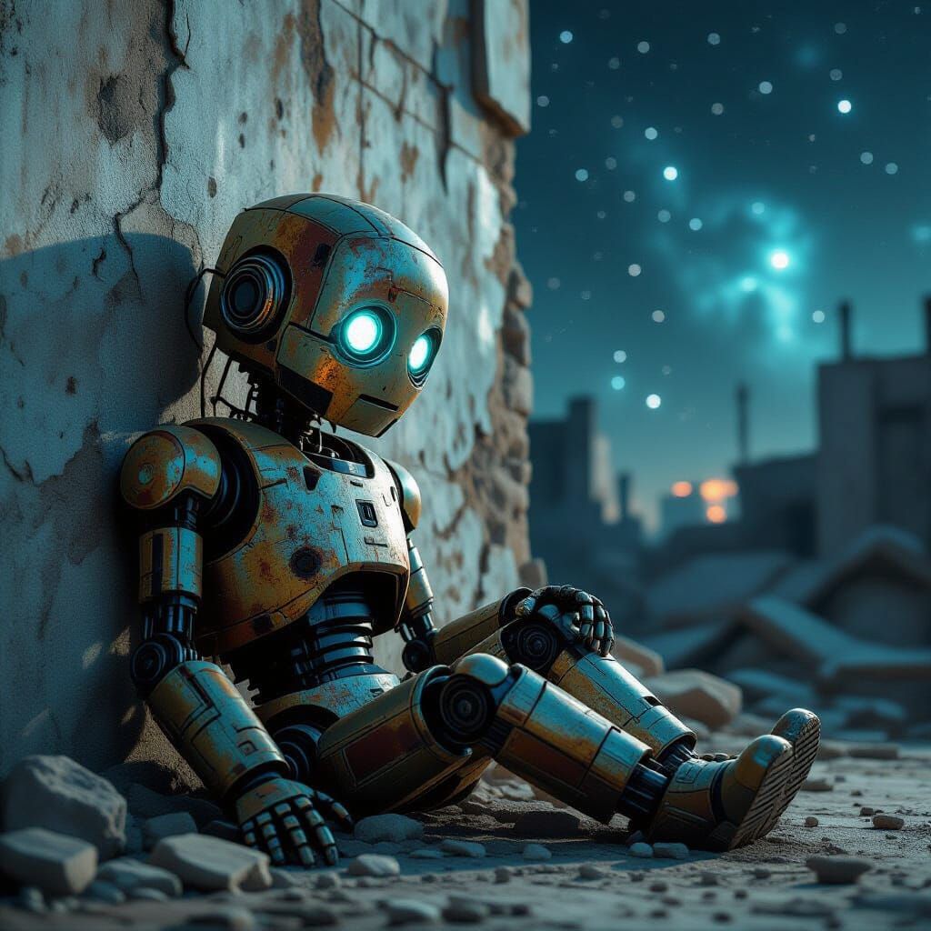 Sad Rusted Robot in Futuristic Ruin, Photorealistic Style