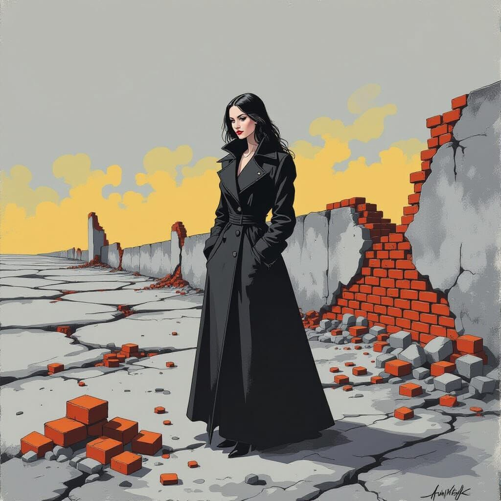 Desolate Woman in Brick Landscape, Scarfe Style