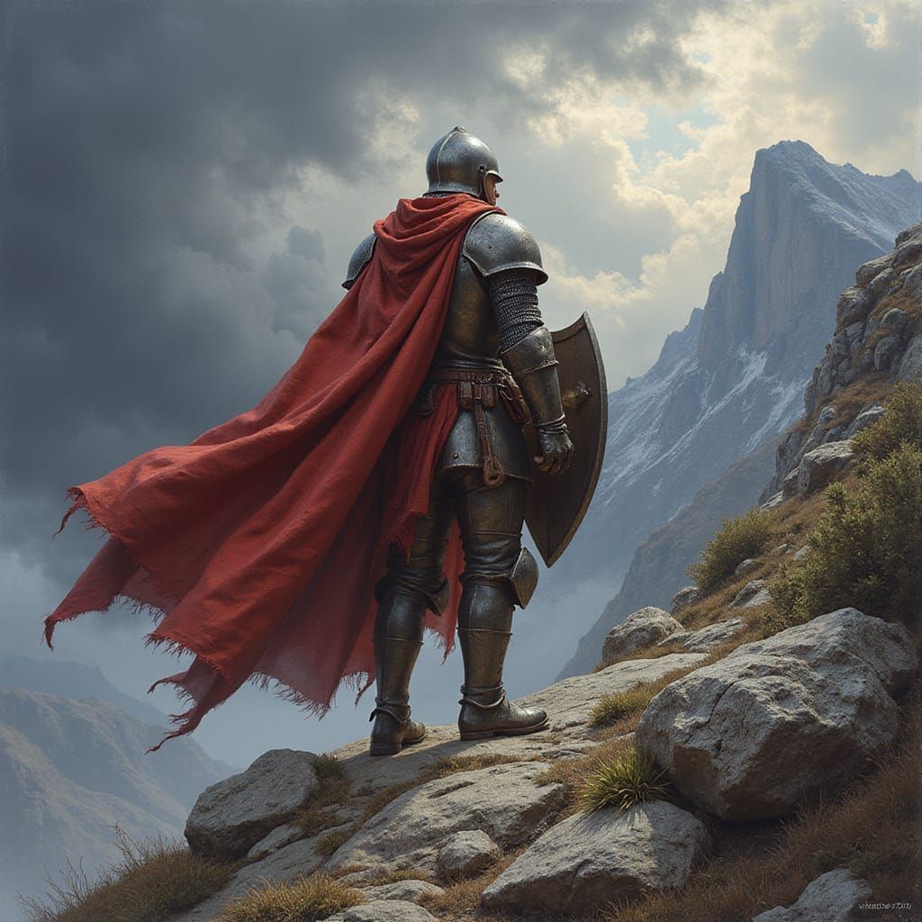Heroic Knight on Mountain Ridge with Red Cloak