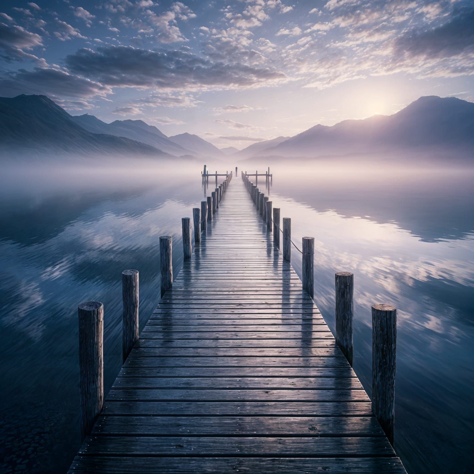 Misty Lake at Dawn: A Solitary Wooden Pier