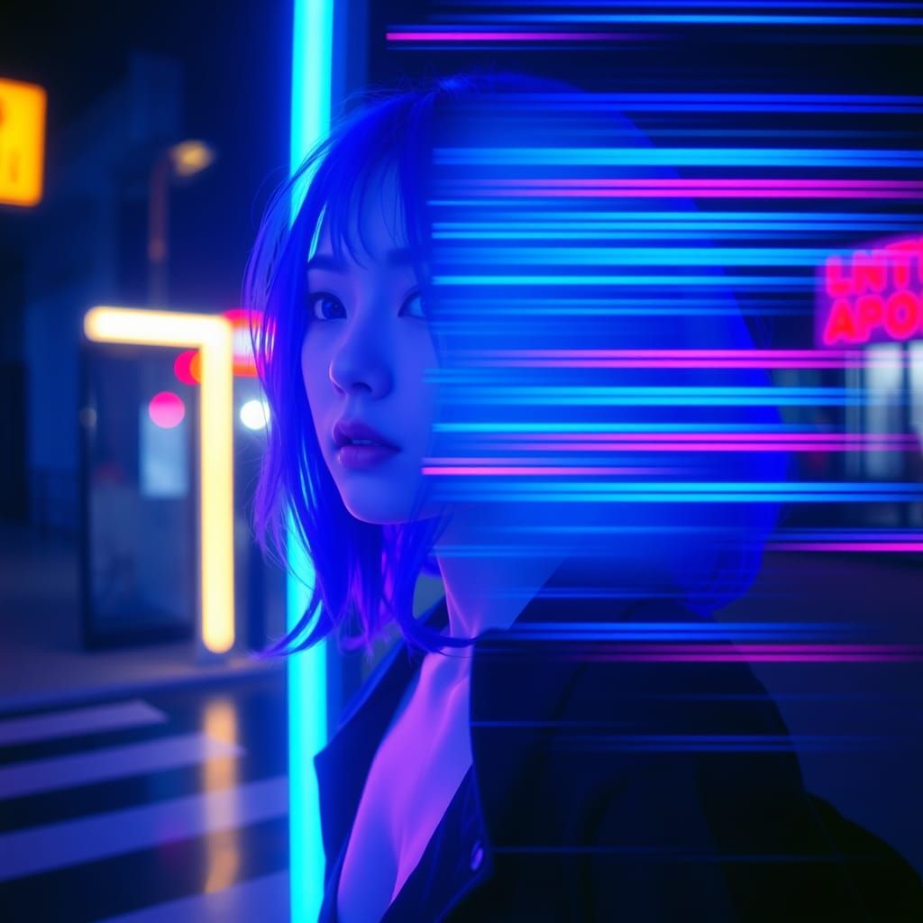 Anime Woman with Neon Glitch Silhouette