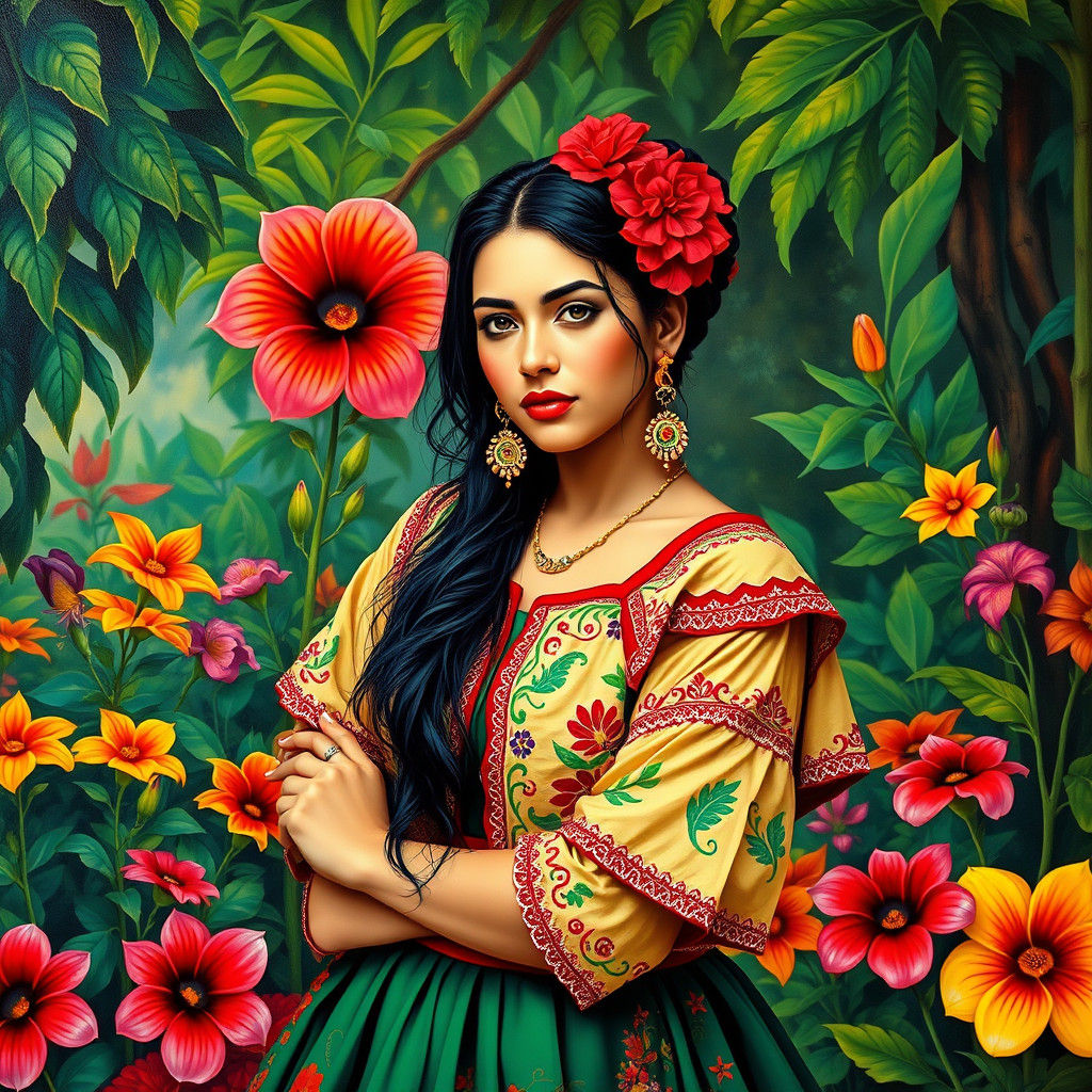 Latina Woman in Mexican Garden, Muralism Style