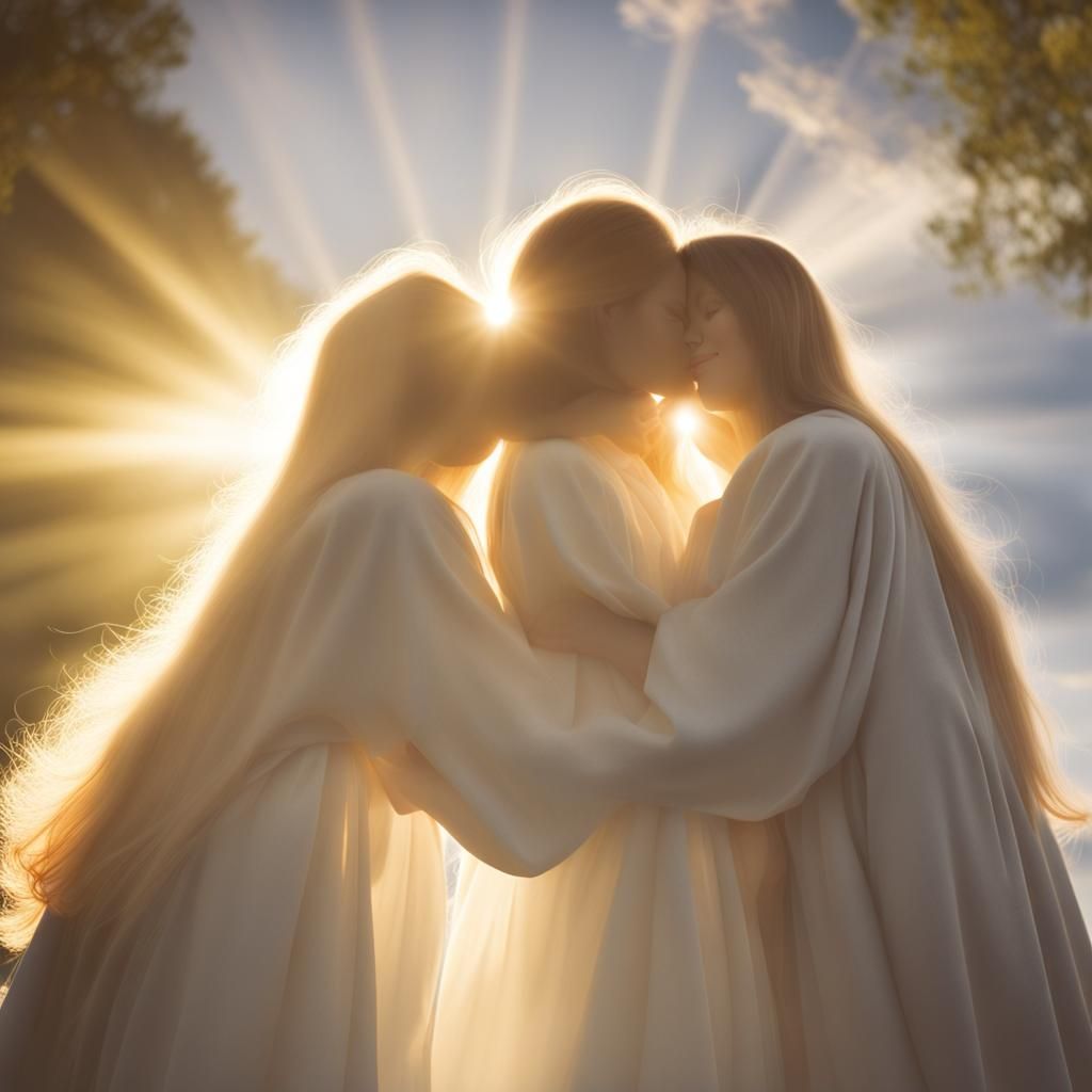 Friends Embracing in Divine Sunshine