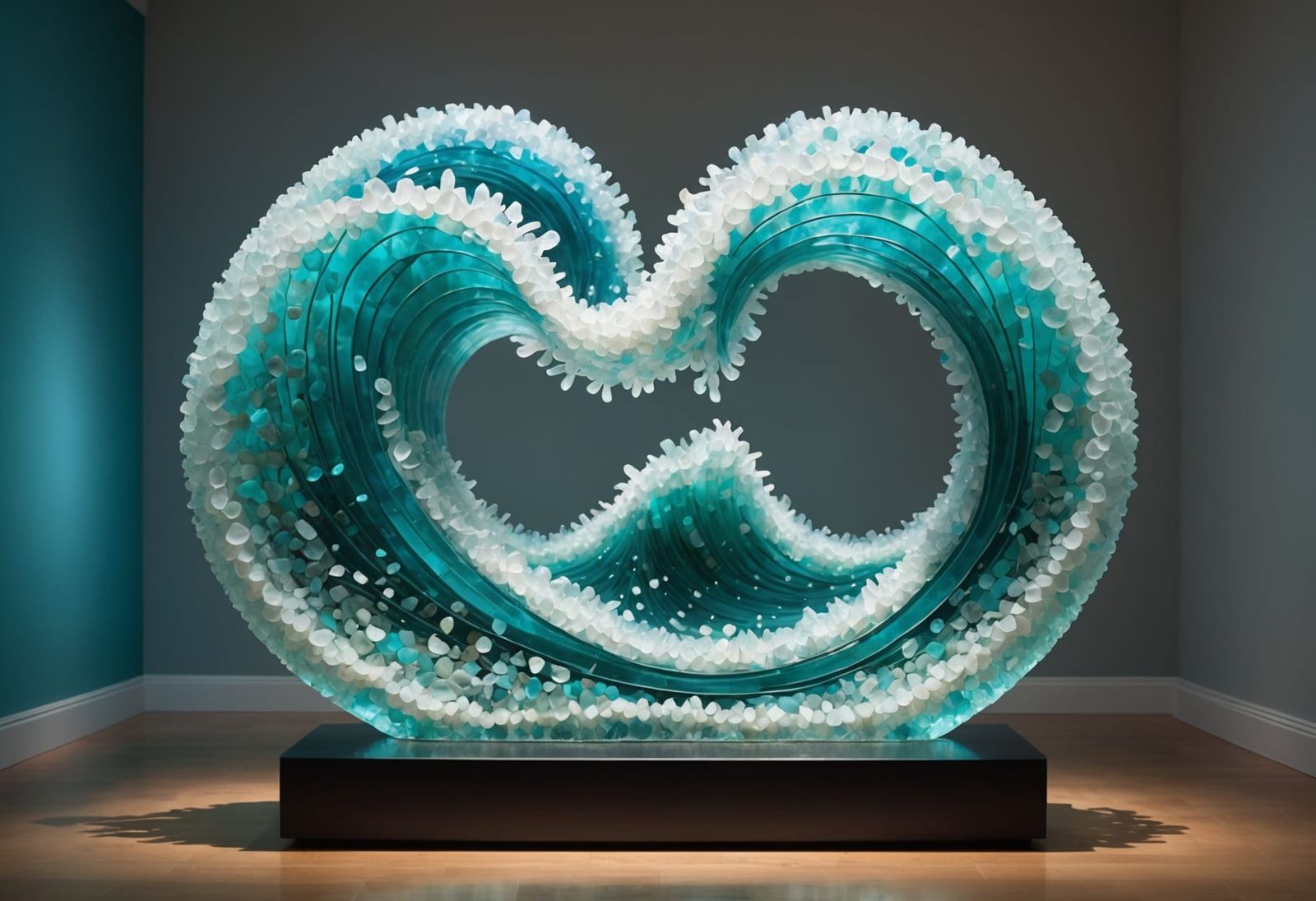An abstract sculpture shaped like a cresting ocean wave, mad...