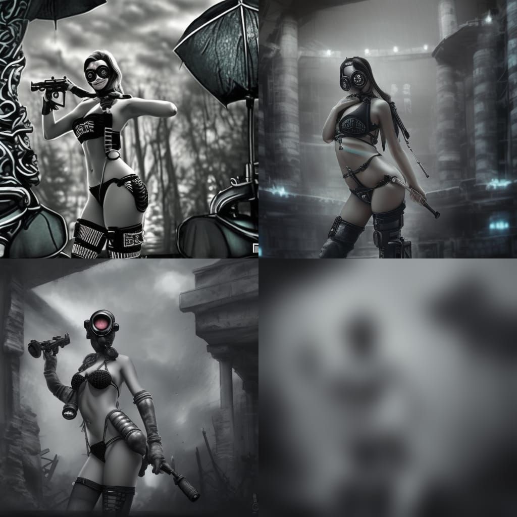 Bikini Gasmask Figure in Hyperdetailed Charcoal Drawing