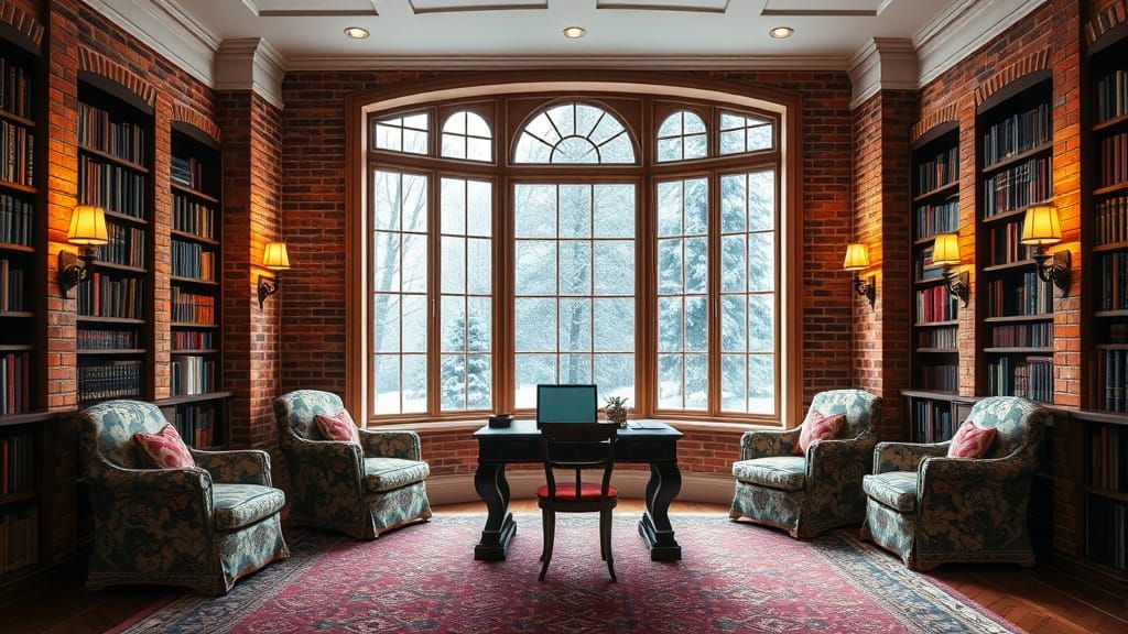 Victorian Library With Snowy View and Ambient Occlusion Styl...