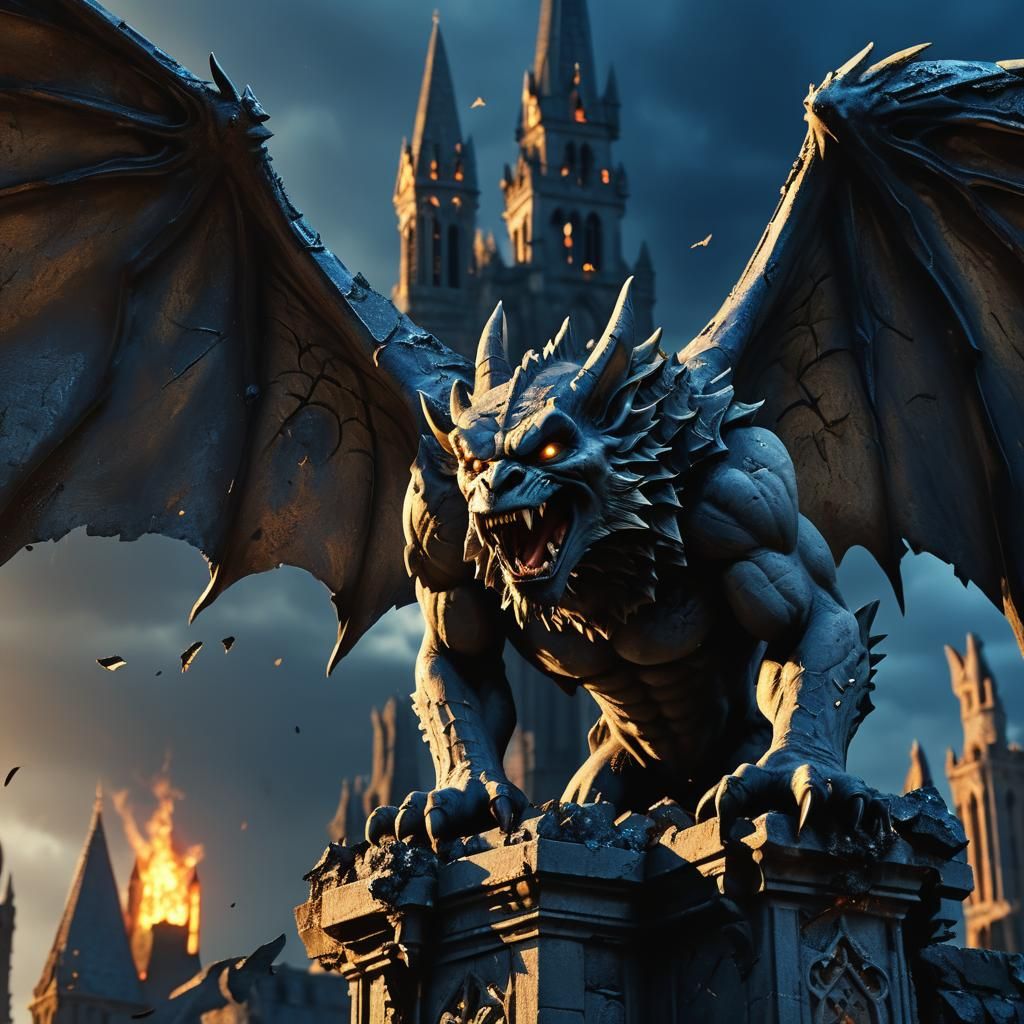 Gothic Gargoyle Roaring Atop a Spire
