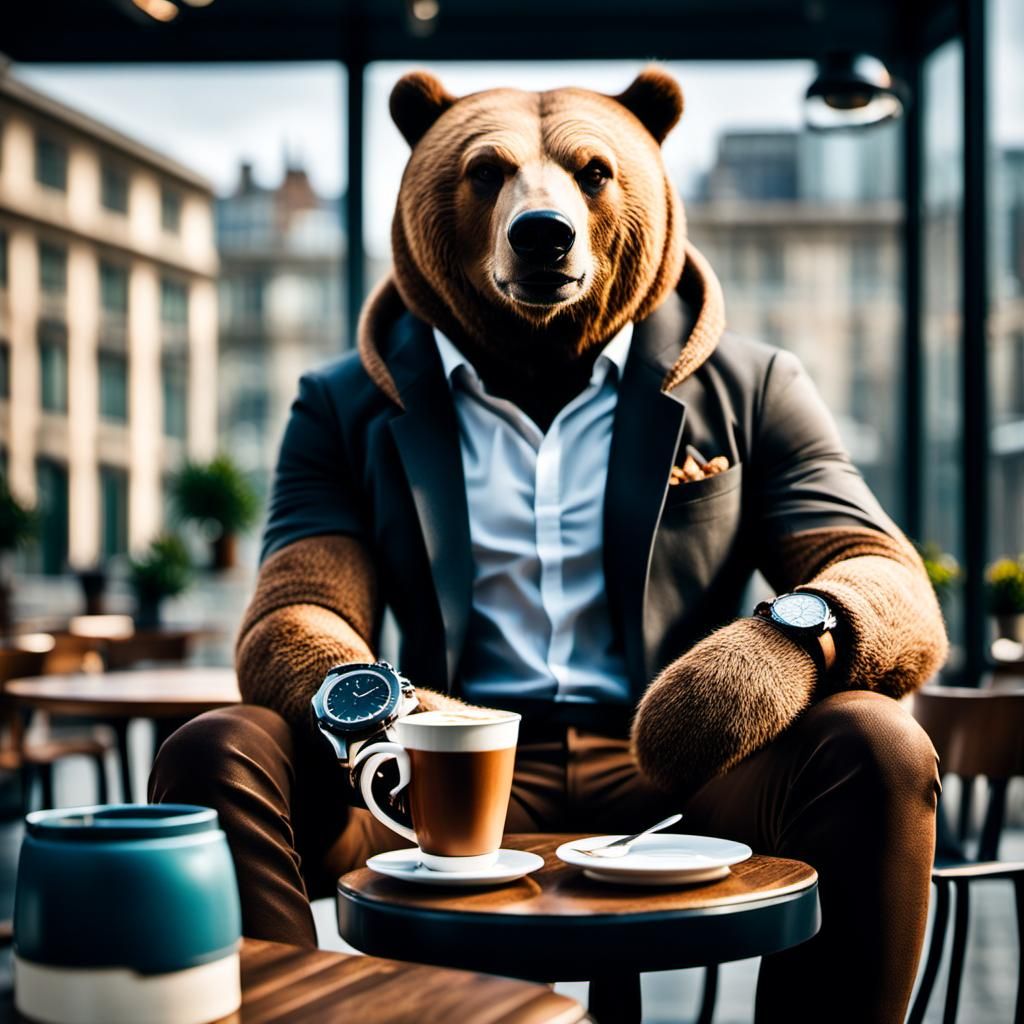 Bear-headed Character Drinks Coffee, Professional Photograph...