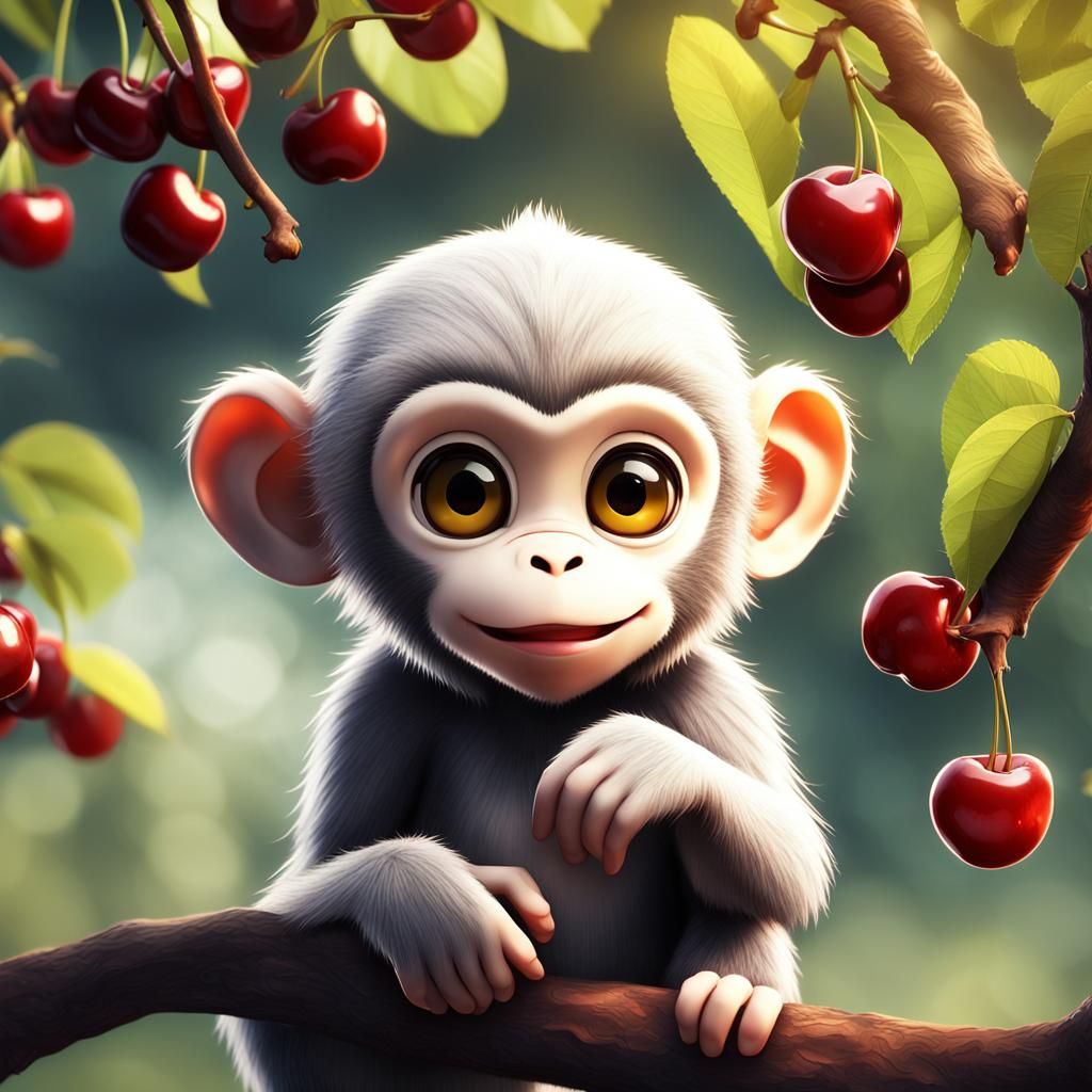 Anime Chibi Monkey in Cherry Tree, 3D Render