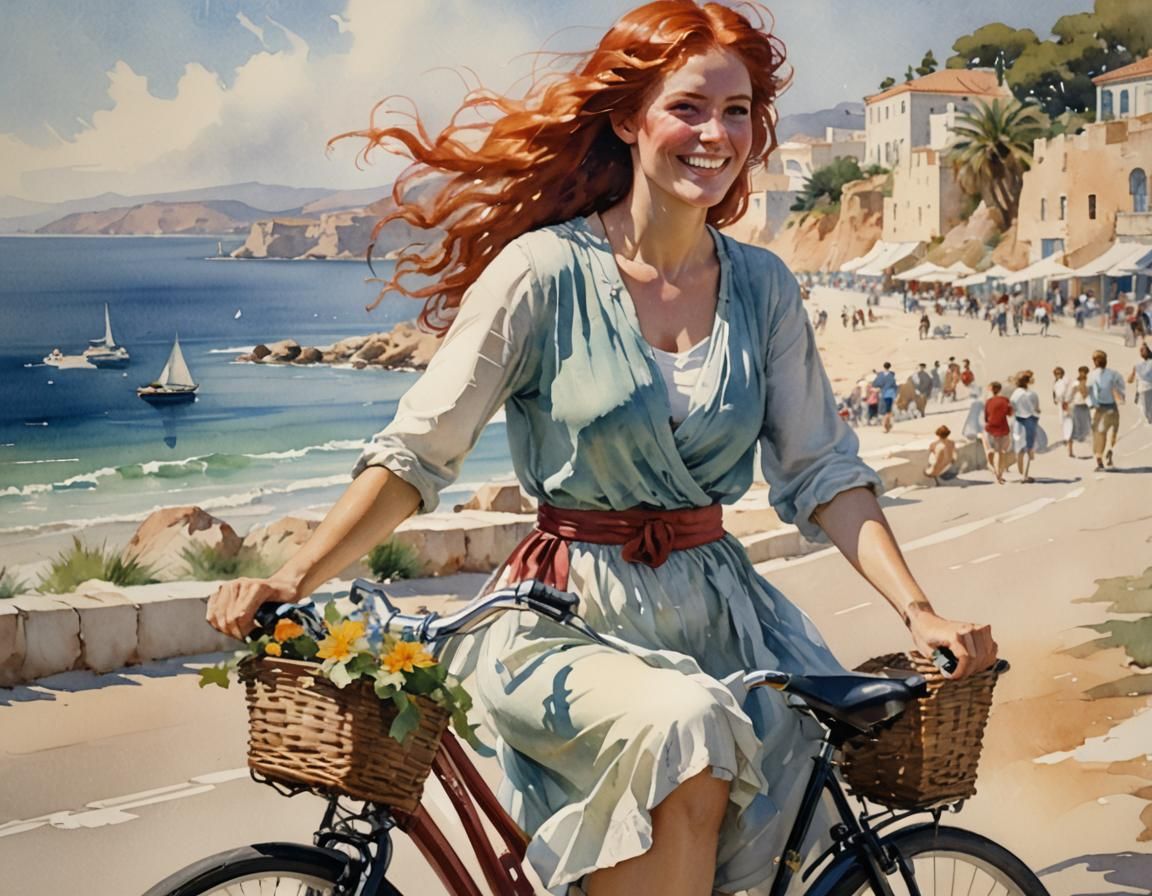 Red-Haired Woman on Bicycle, Watercolor Portrait