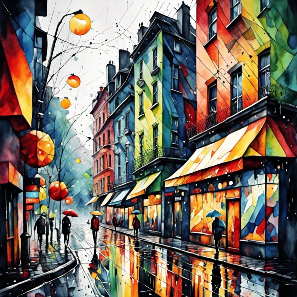 Cubist Cityscape at Rainy Night in Acrylic Style