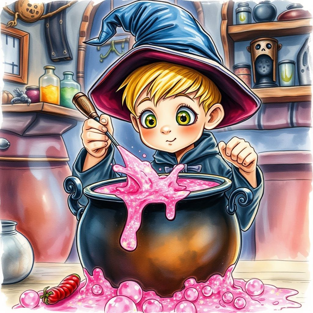Young Wizard Boy Creates Overflowing Pink Glitter Soup