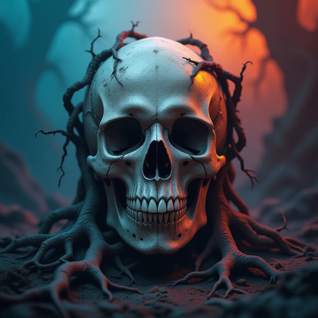 Macabre Skull Art with Roots and Metal Under Dramatic Lighti...