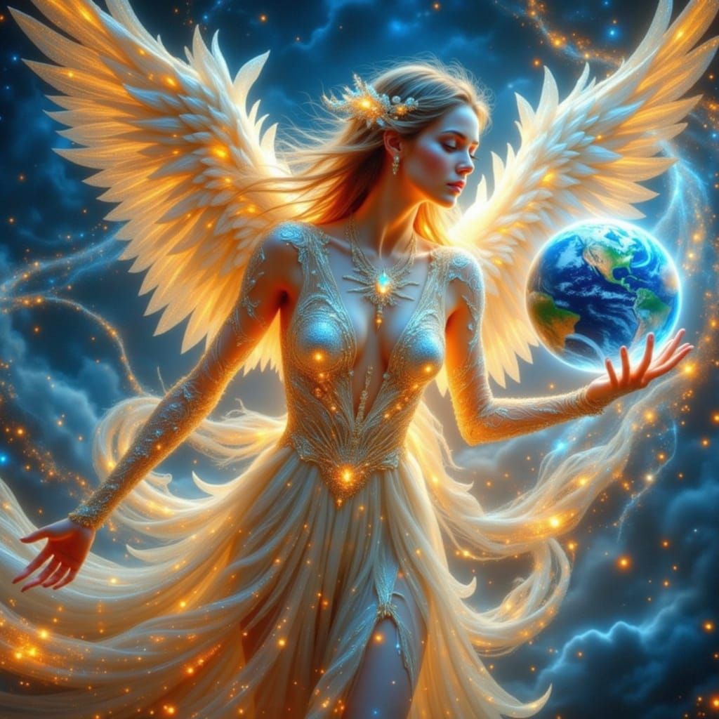 Star Angel Holding Earth: Digital Concept Art