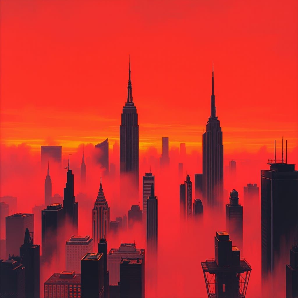 Cubist Cityscape in Vermilion Hues