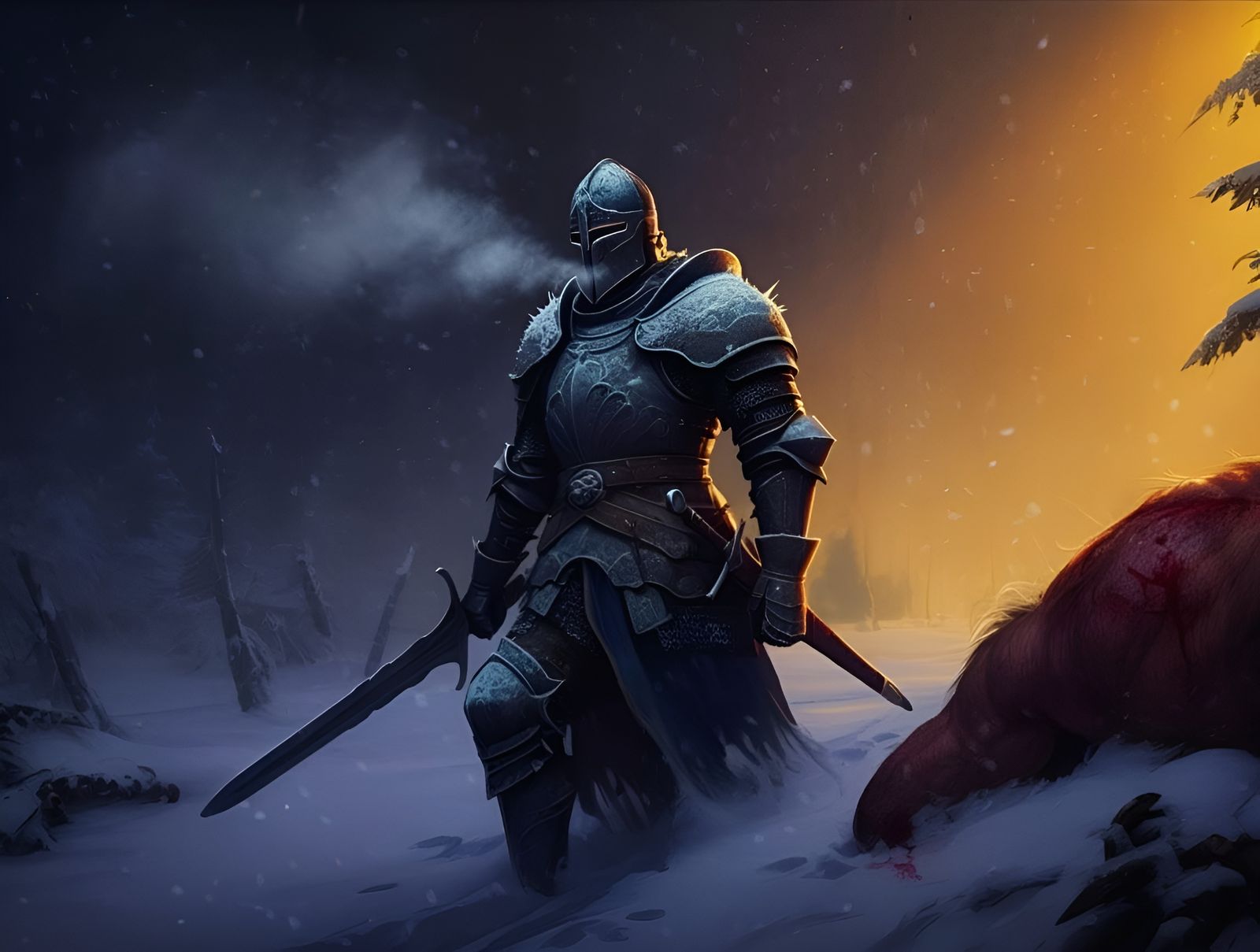 Black Knight Trudges Through Snow, Hunting Wounded Troll in ...