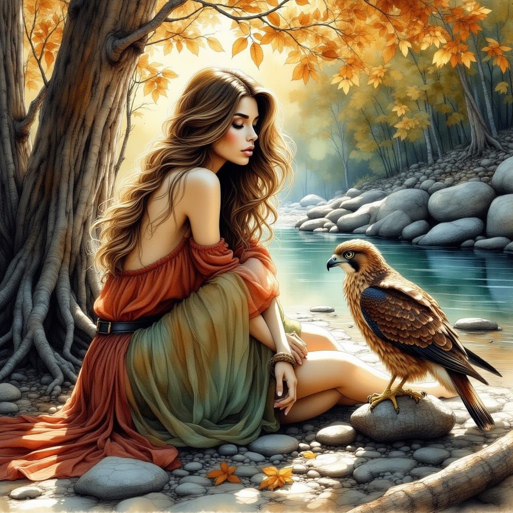 Woman and Falcon by River in Forest, Ink Painting Style
