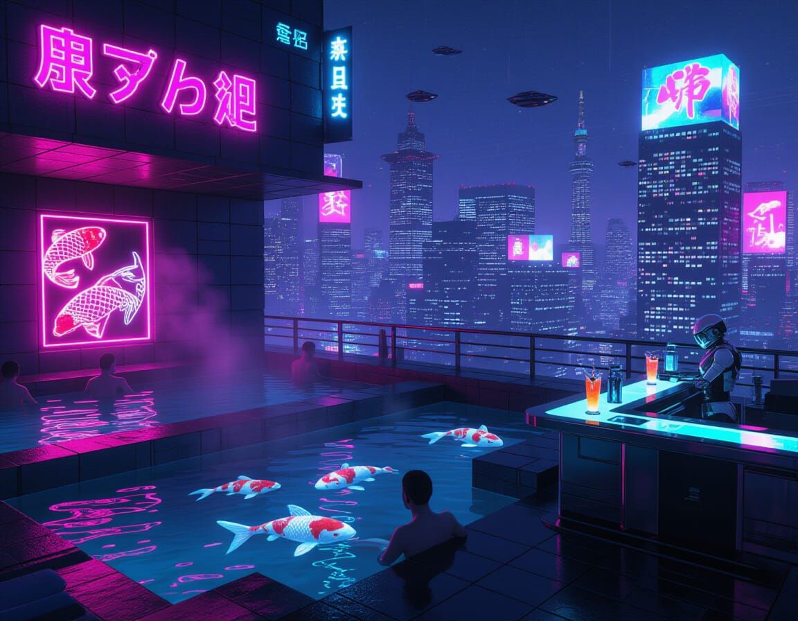 Cyberpunk Rooftop Onsen Bar with Neon Lights
