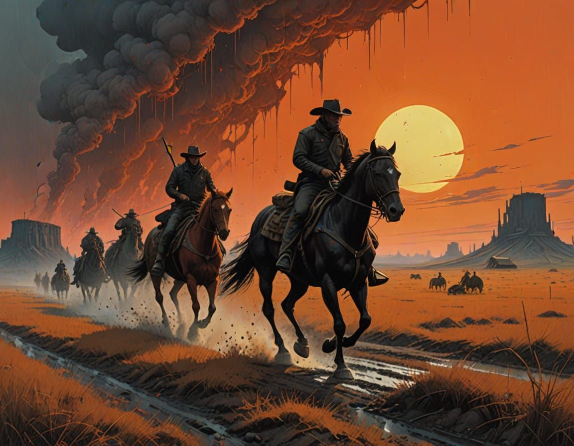 Dusty Sunset Cowboys in Gritty Matte Painting Style