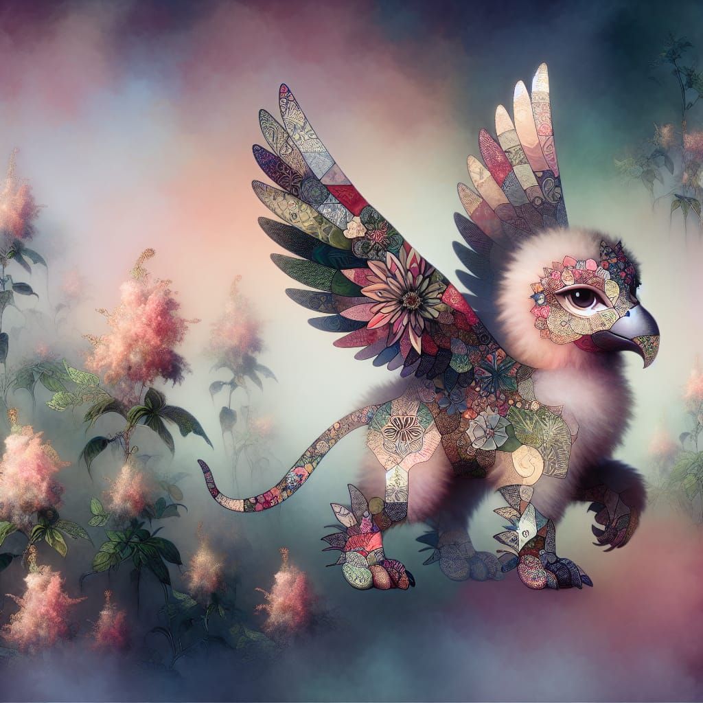 Whimsical Patchwork Griffin Doll in Dreamlike Setting