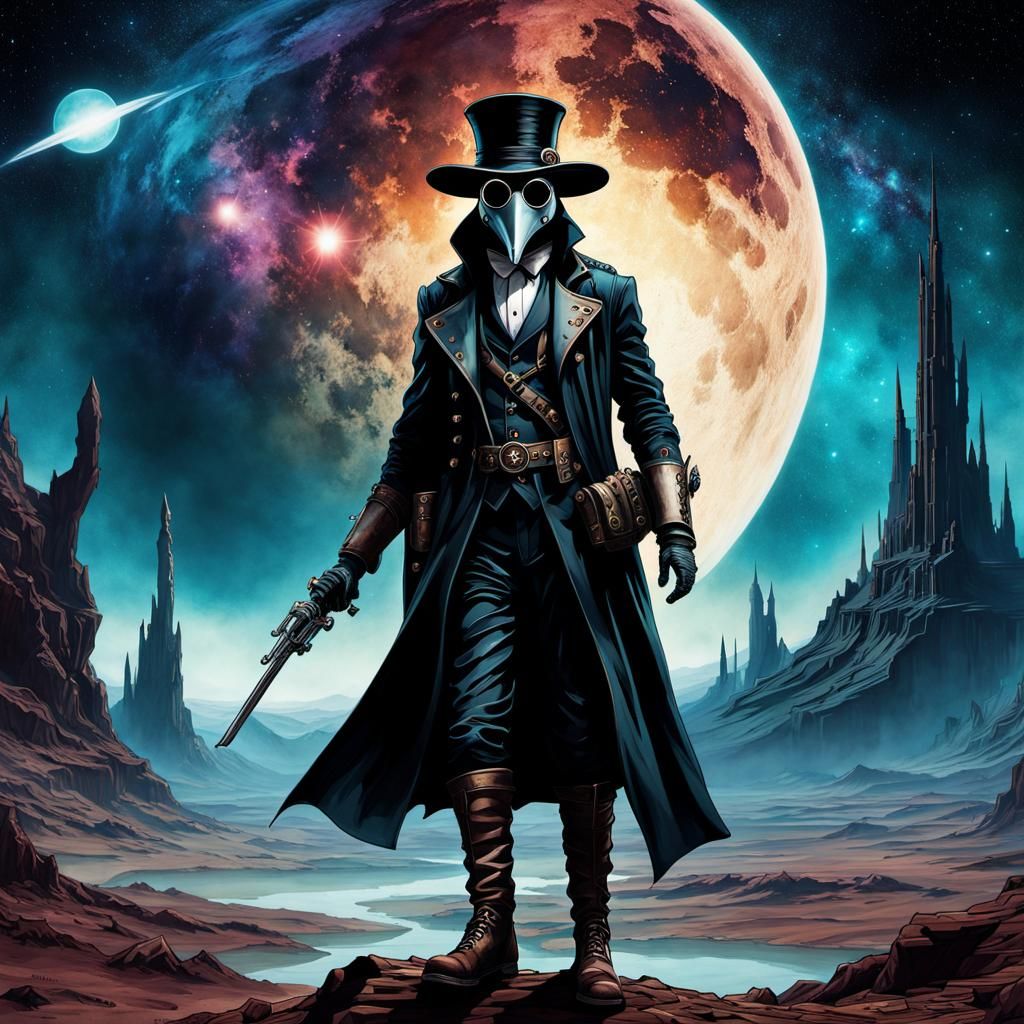 Steampunk Plague Doctor on Alien Planet in Gothic Art