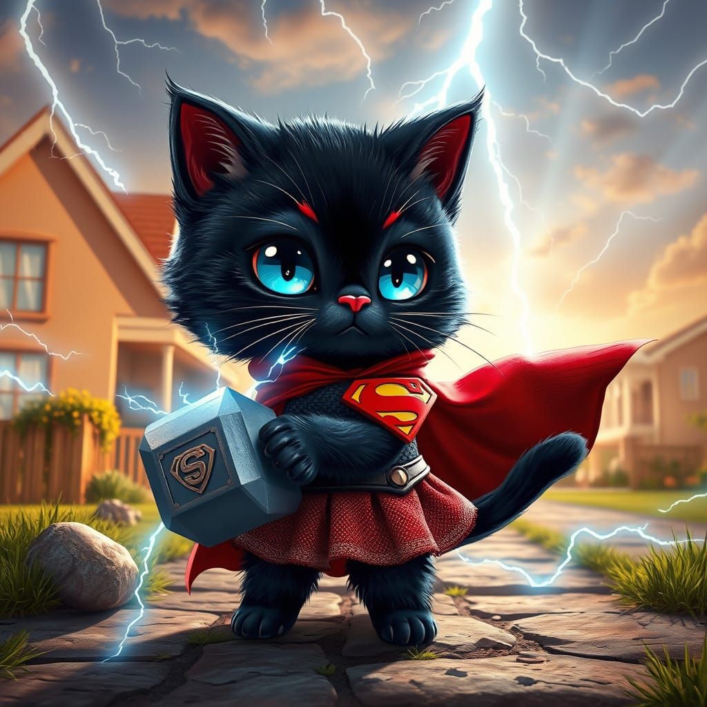 Majestic Chibi Cat Wields Thor's Hammer in Whimsical Suburba...