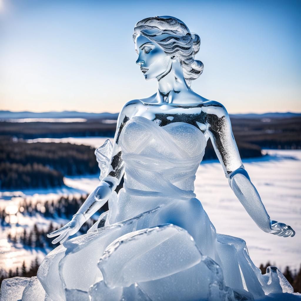 Ice Sculpture of Beautiful Woman at Sunset