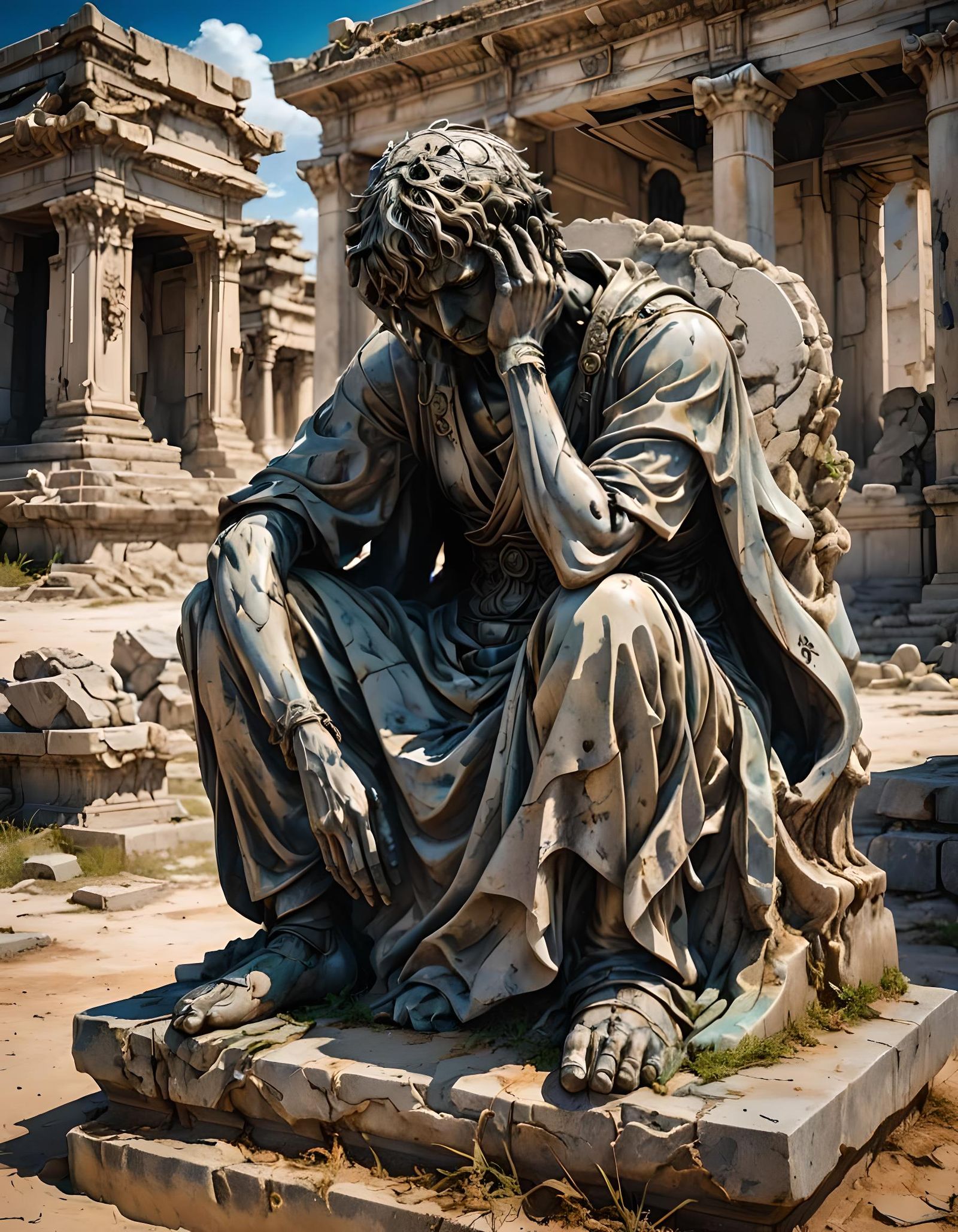 Weeping Man Marble Statue in Anime Style