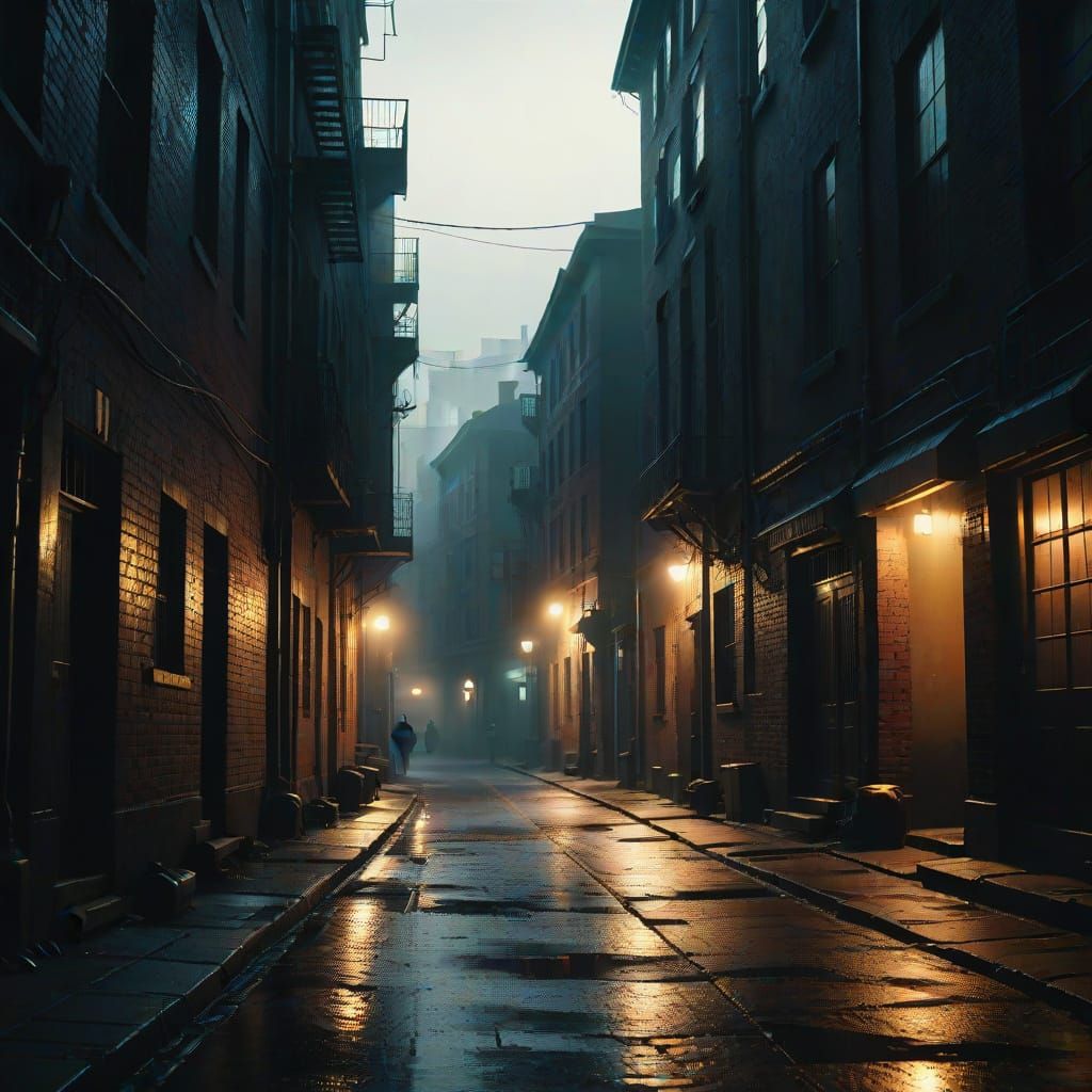 Ominous Cityscape in Film Noir Style