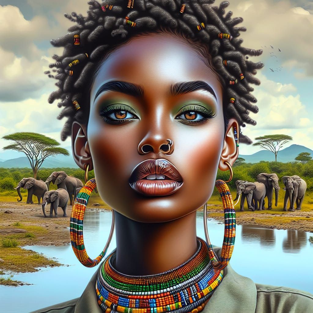 African Woman Portrait with Masai Beads, Airbrushed Illustra...