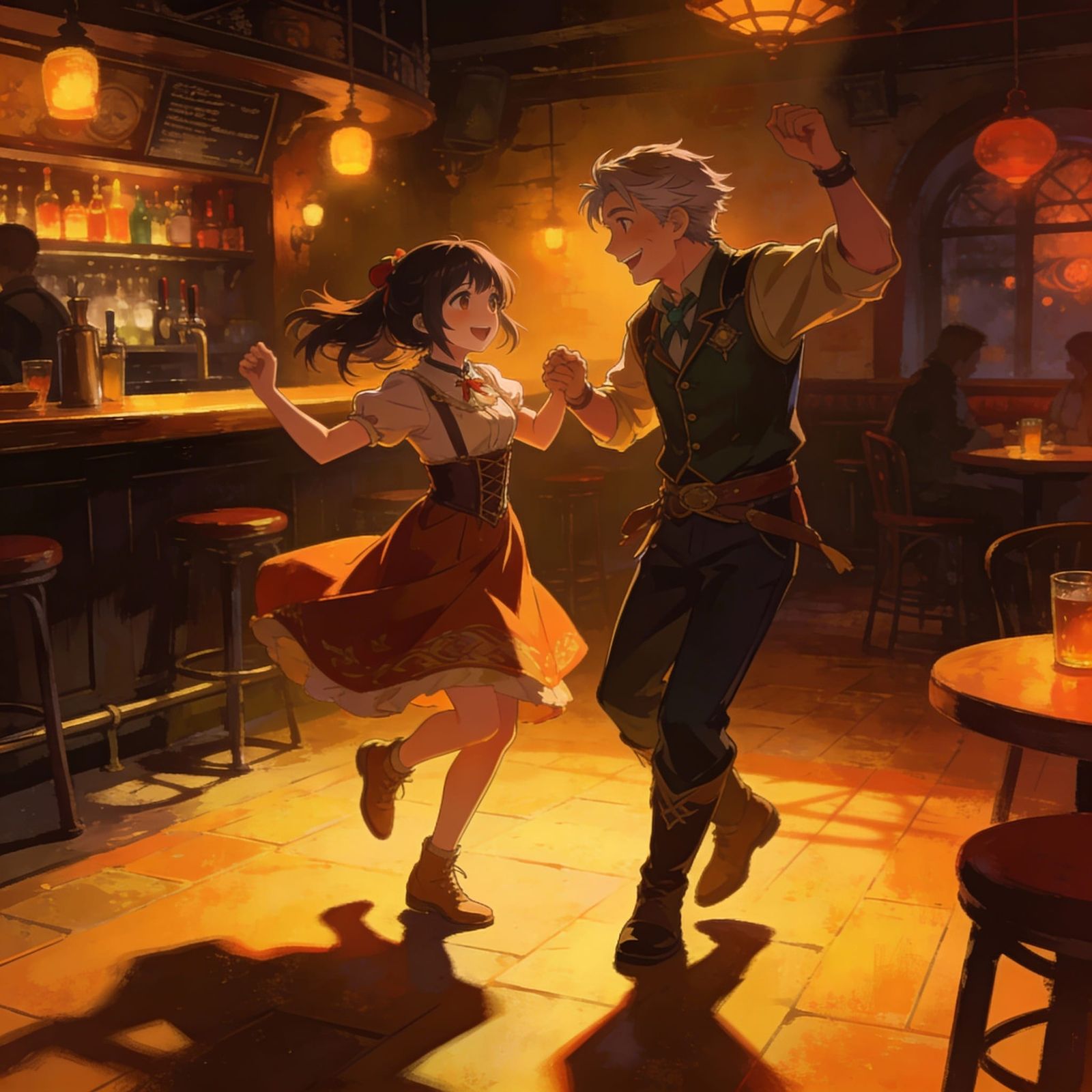 Anime Couple Dancing in Cozy Pub