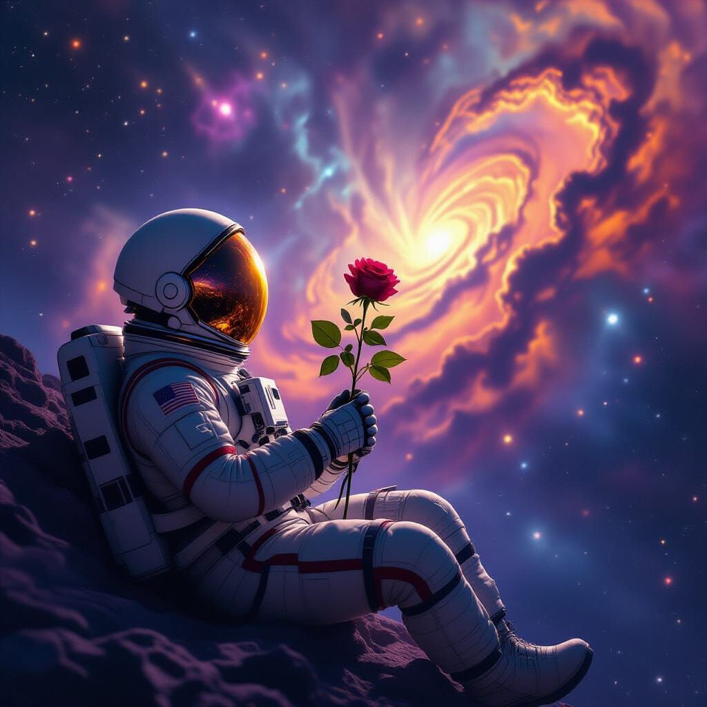 Astronaut Adrift with Wilting Rose Amidst Cosmic Nebulae
