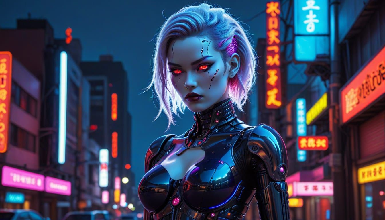 Cyberpunk Android Pinup in Neon Noir Style