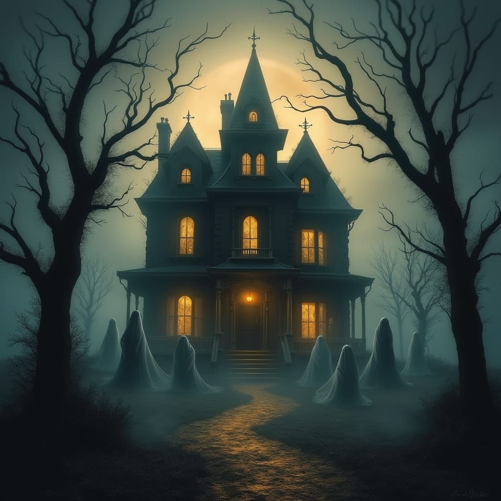 Victorian Haunted House With Ghostly Figures at Midnight