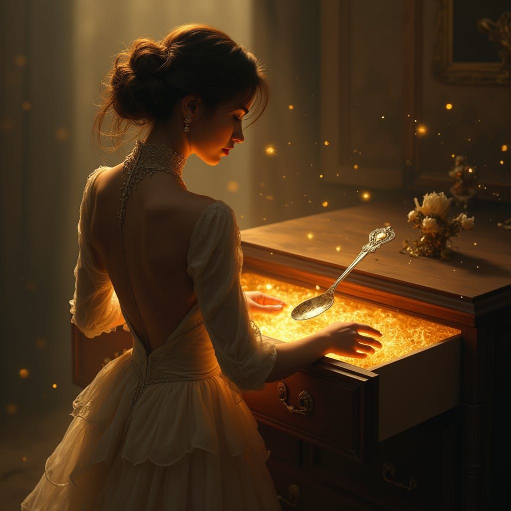 Woman Discovers Shiny Spoon in a Drawer, in Hyperrealistic S...