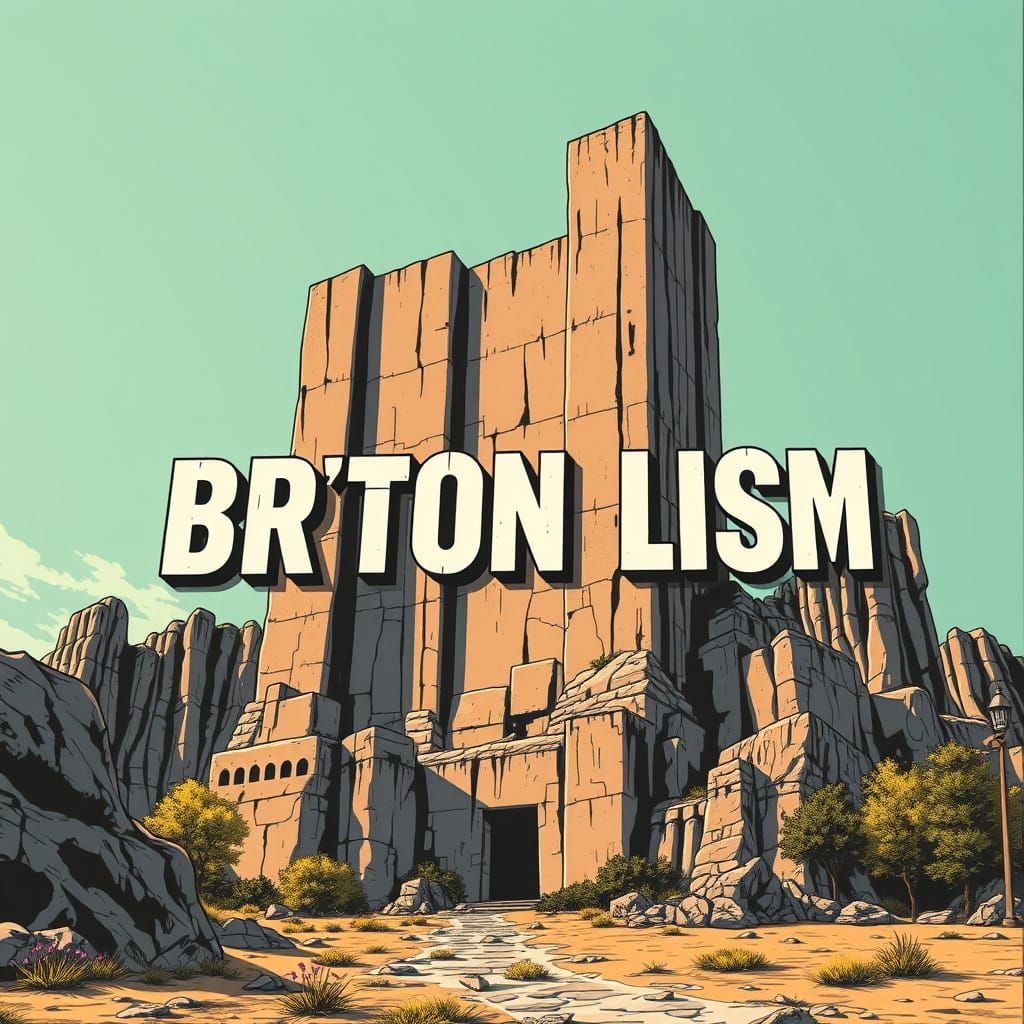 Brutalist Monolith Title in 60s Comic Style