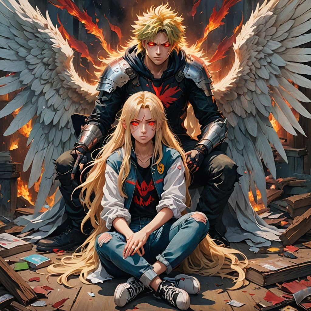 Girl with Angel Wings and Anime Characters