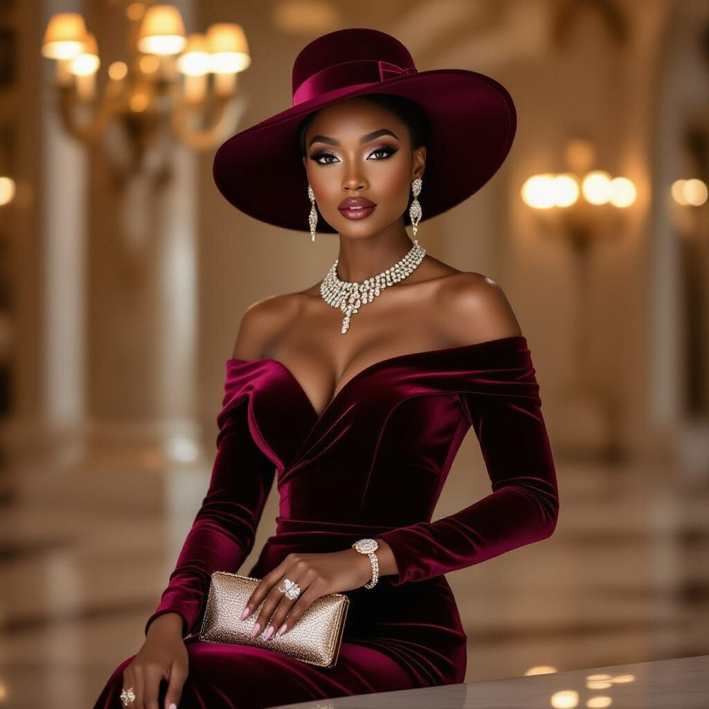 Elegant Black Woman in Maroon Velvet Evening Gown