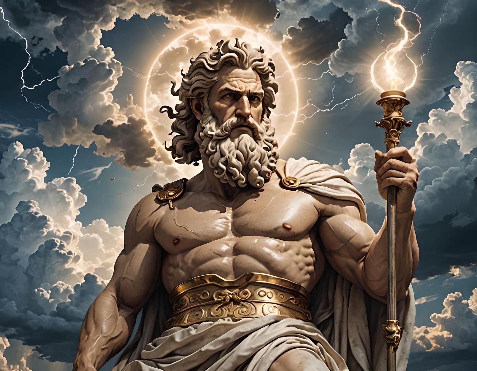 Greek God Zeus holding lighting rod in his hand and peering from the clouds in the sky.