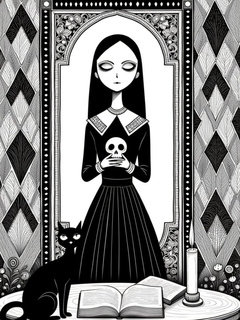 Wednesday Addams Black and White Zentangle Illustration